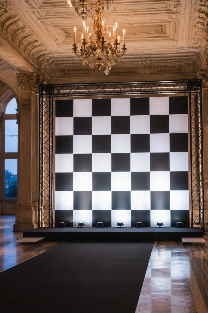 Black and white checker light panel frame behind a wedding stage