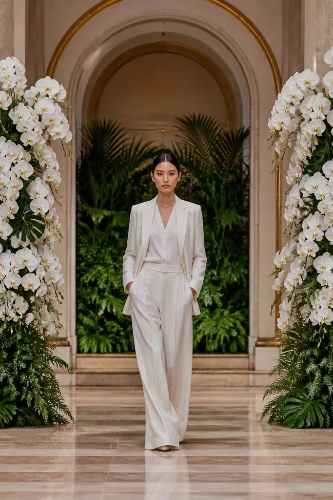 Two tall columns of white orchids and greenery behind a wedding stage