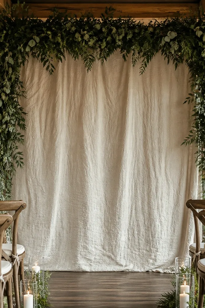 Beige linen backdrop with an oversized floral garland eyebrow above a wedding stage