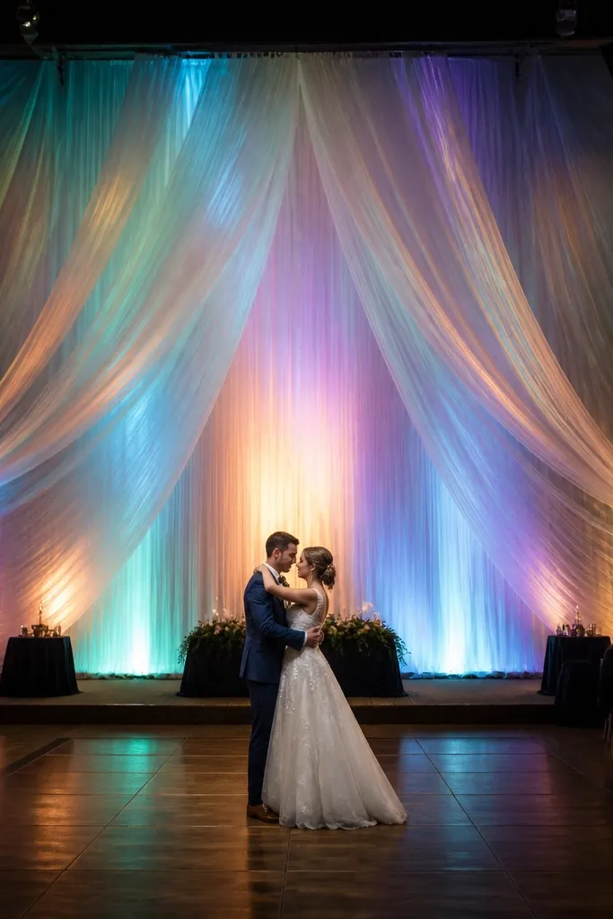 Iridescent tulle wall with soft rainbow uplights behind a wedding stage