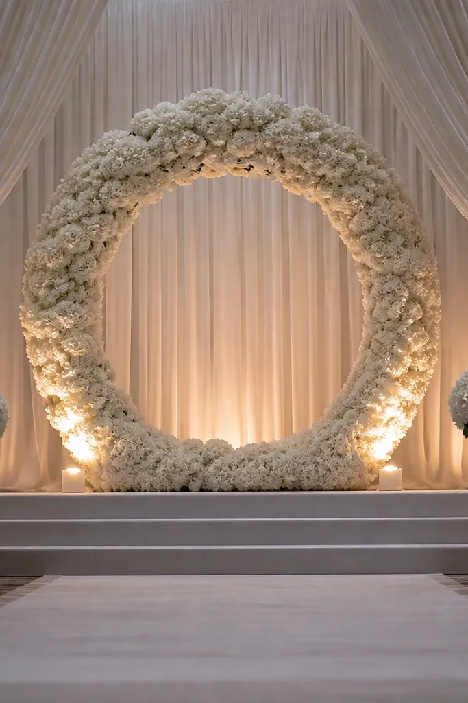 White hydrangea halo frame with two side drapes behind a wedding stage