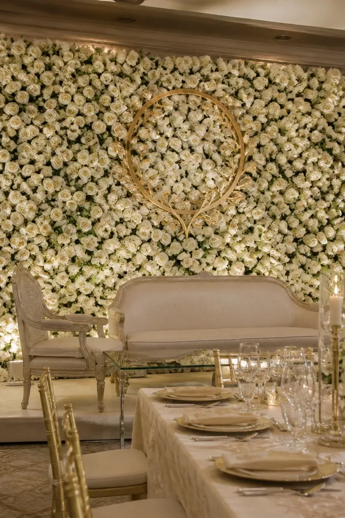 Tall white rose garden wall with a gold botanical crest in the center