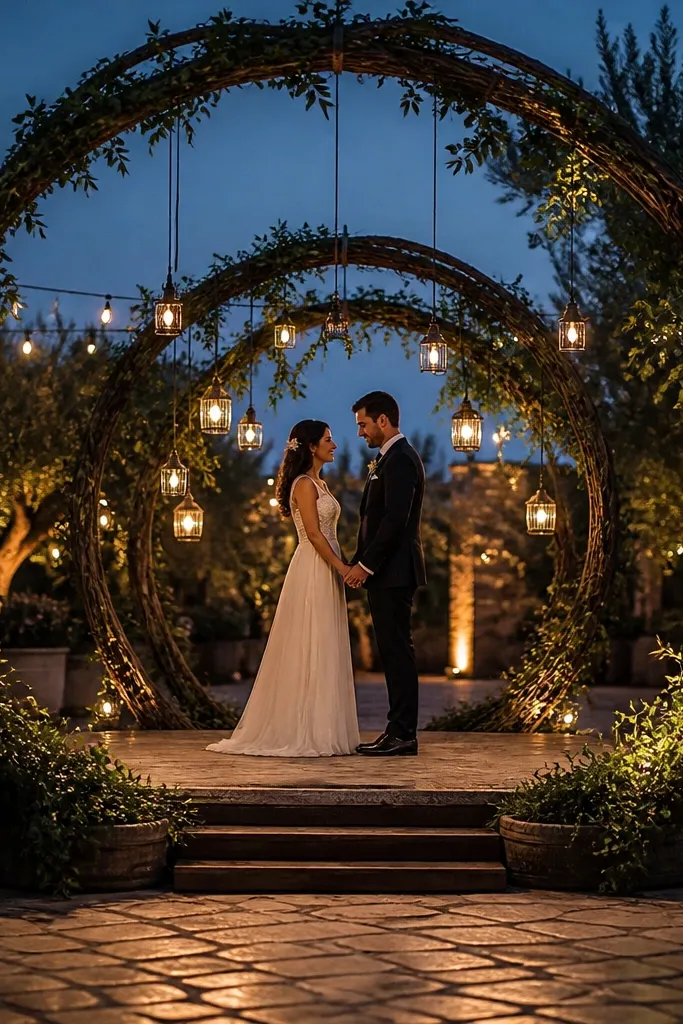 Circular vine backdrop with hanging lantern lights behind a wedding stage