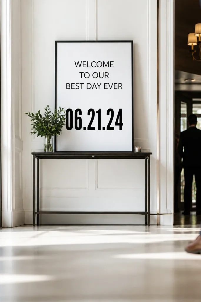Black typography welcome sign on white background with a large date