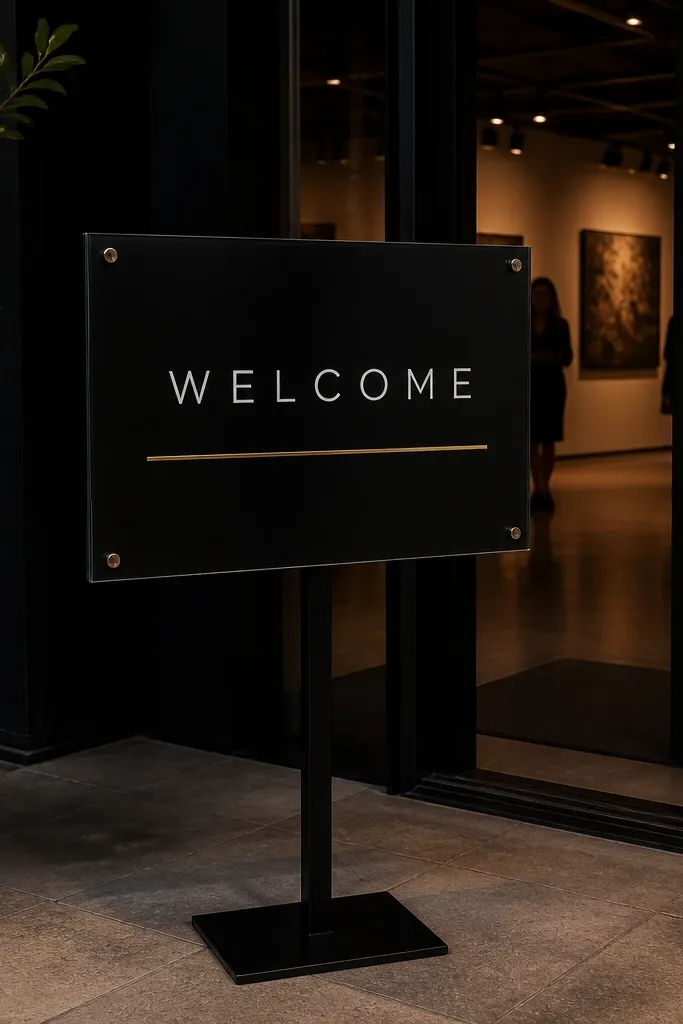 White text on a black acrylic welcome sign with a thin gold line
