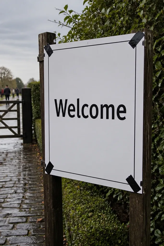 Black text welcome sign on white laminate mounted on foam board