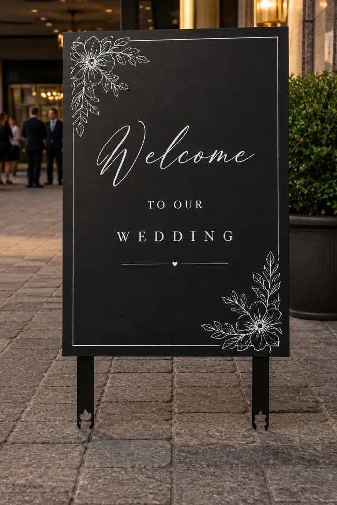 Matte black metal welcome sign with white typography on an easel