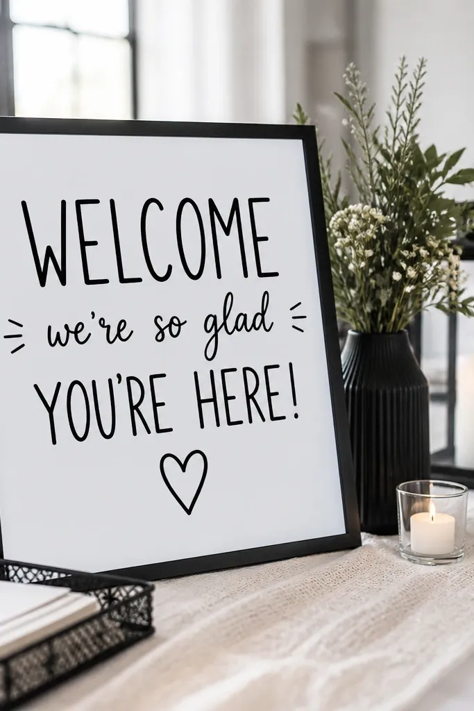 White sign with black hand-lettered welcome text