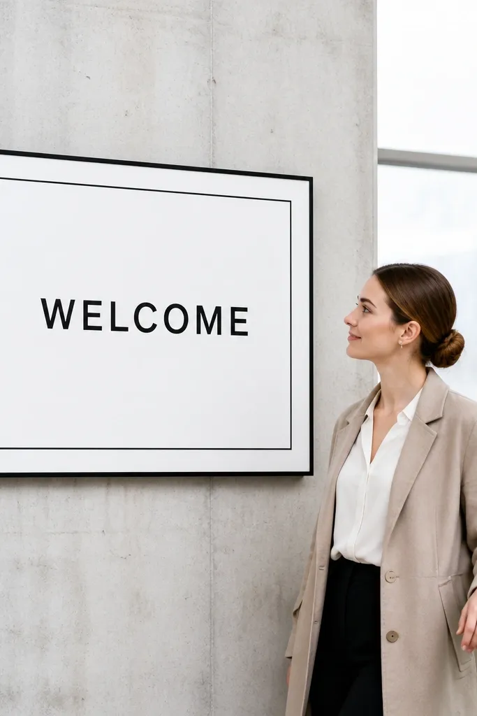 Black text welcome sign on white with a thin border and minimal layout