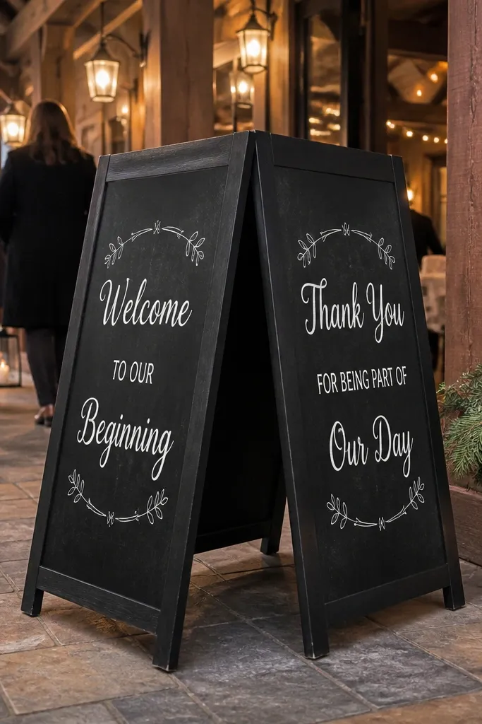 A-frame black chalkboard welcome sign with white lettering on both sides