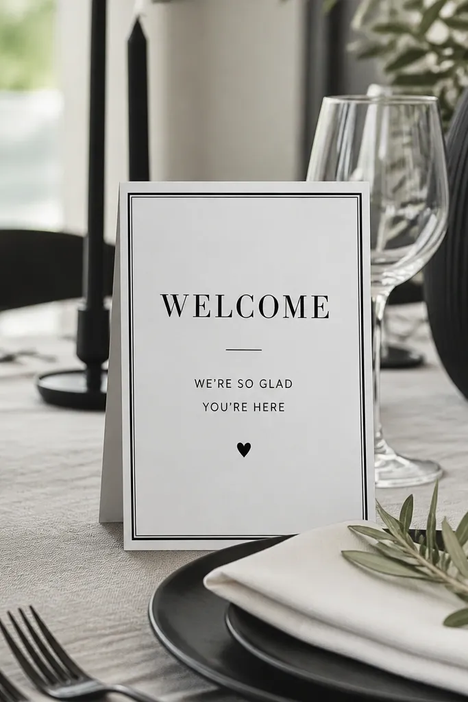 Small black text welcome sign on a tent card at a table