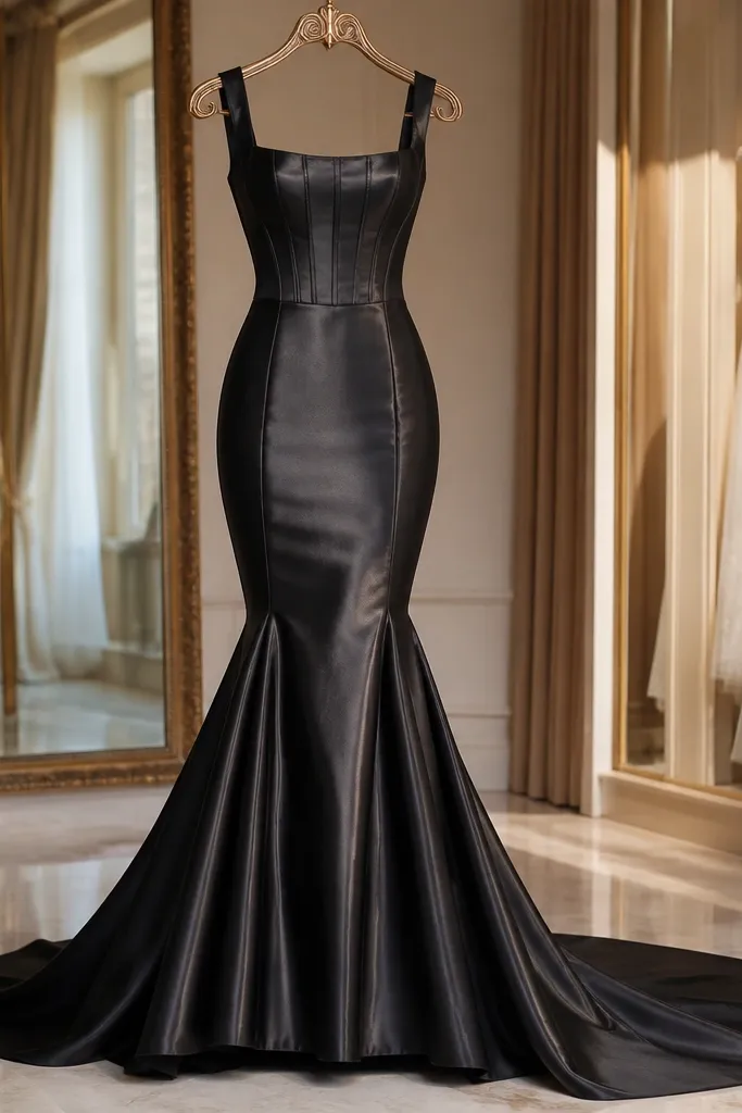 Black satin corset bodice with a square neckline and fitted mermaid skirt