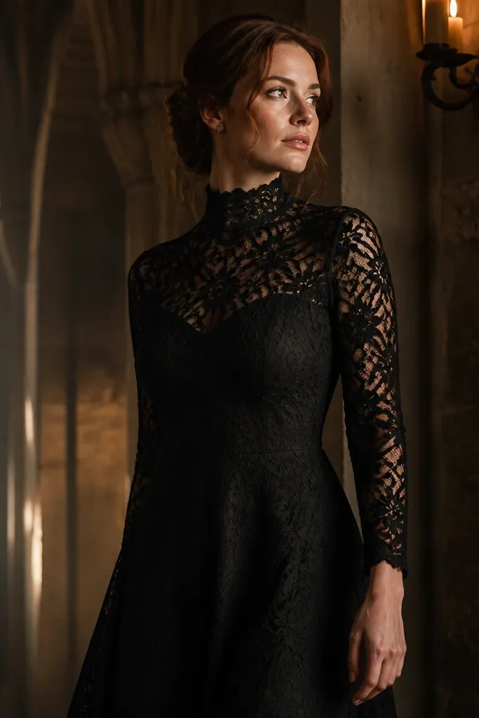 Black lace illusion high-neck with long sleeves and a soft A-line skirt