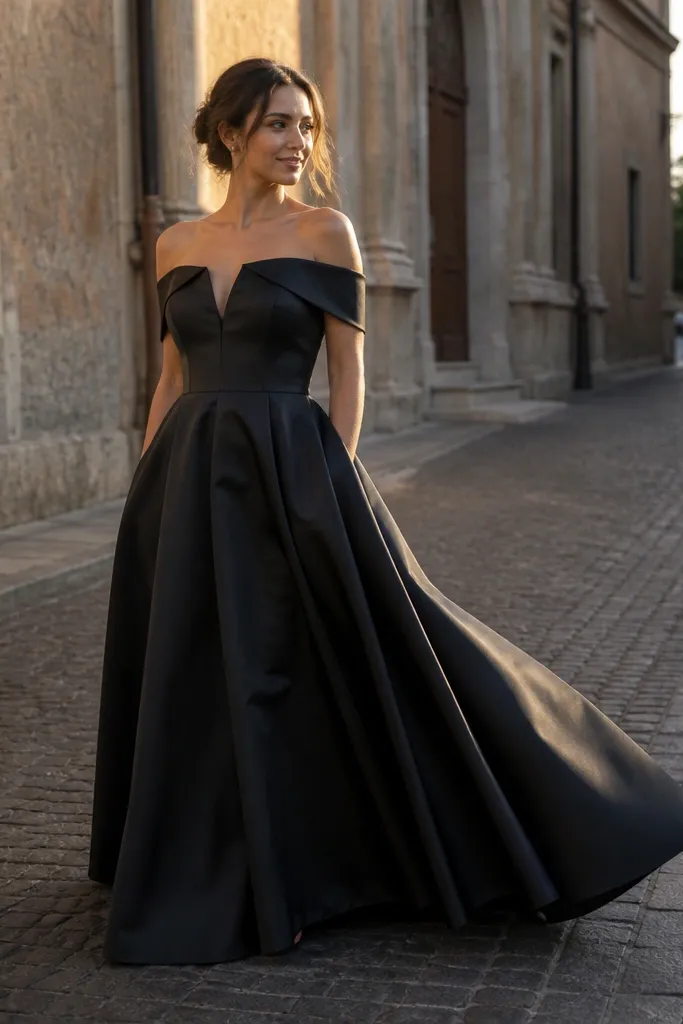 Black mikado off-shoulder dress with structured bust seams and a flowing skirt
