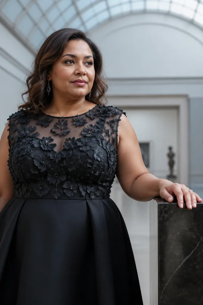 Matte black dress with an illusion bodice and 3D floral appliqué