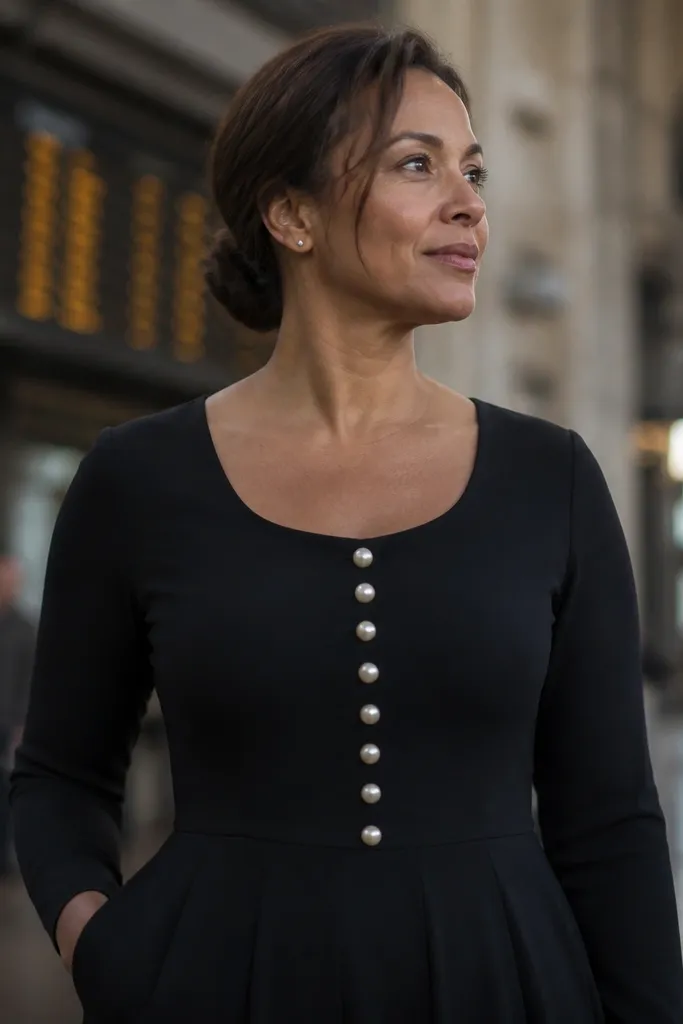 Black crepe wedding dress with a scoop neck and pearl button detail down the front