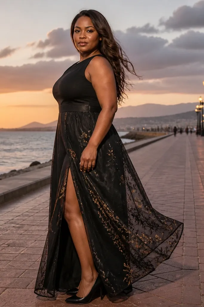 Black A-line dress with a high slit and an embroidered organza overlay on the skirt