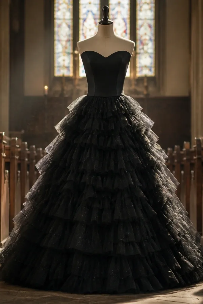 Black ball gown with a matte bodice and a tulle skirt with micro-ruffles