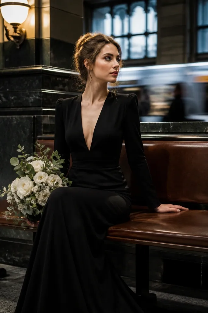 Black crepe wedding dress with a plunging V neckline and crisp waist seams