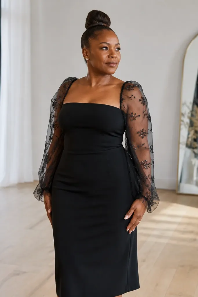 Black strapless dress with embroidered tulle sleeves that extend to the wrist