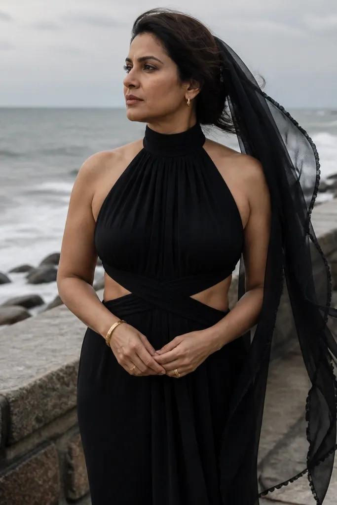 Black crepe halter dress with a cutout waist and a veil with matching edge detail