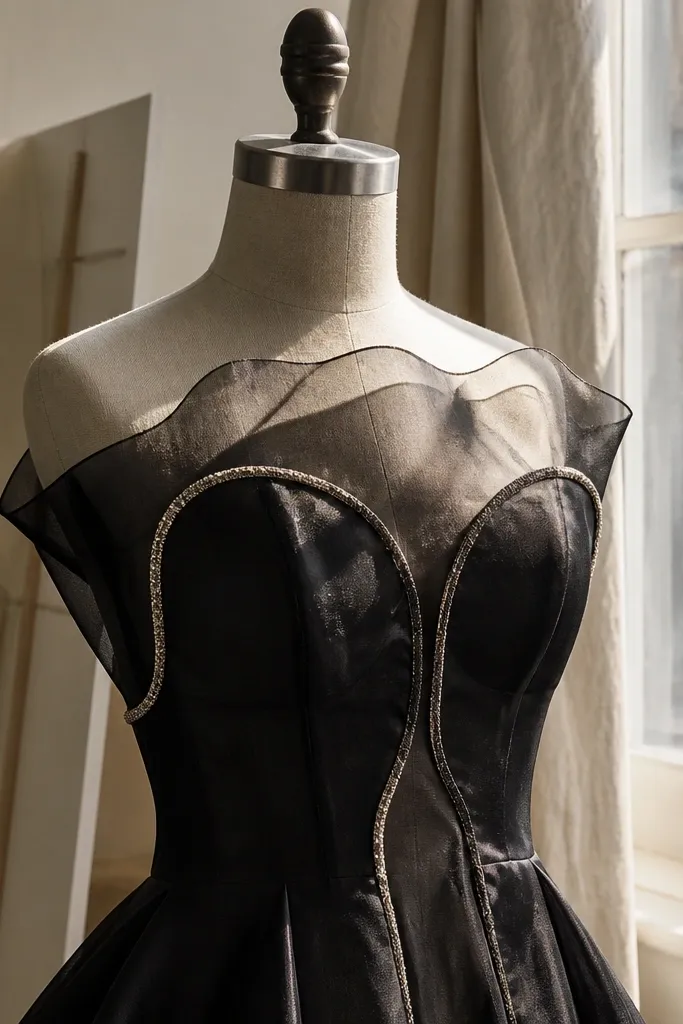 Black organza overlaid bodice with a metallic thread border around the neckline