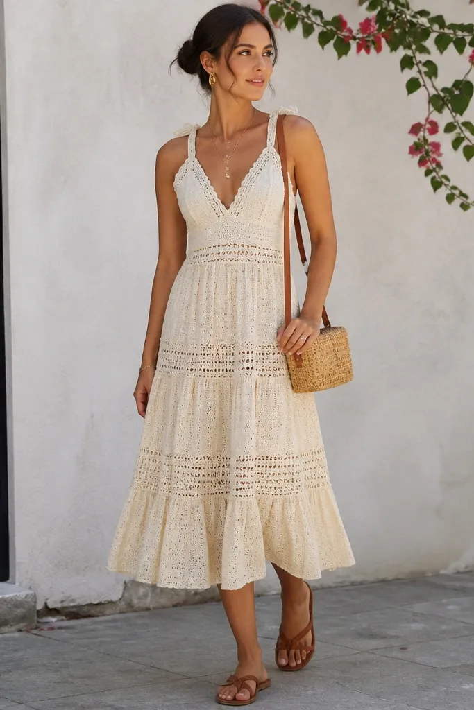 Cream crochet tiered midi dress with brown sandals and a straw crossbody