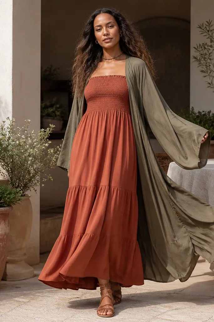 Terracotta smocked maxi dress with an olive kimono and tan wedges