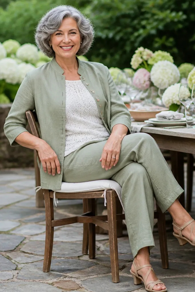 Sage linen two-piece set with a white eyelet blouse and nude sandals