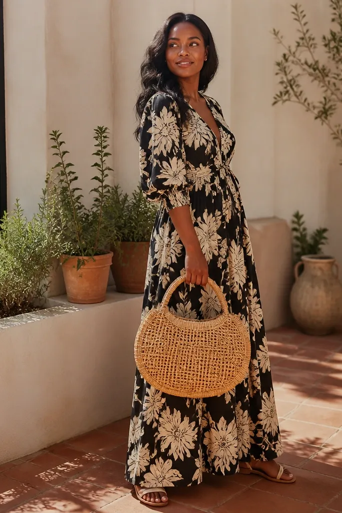 Black and cream floral maxi dress with a rattan bag and strappy sandals