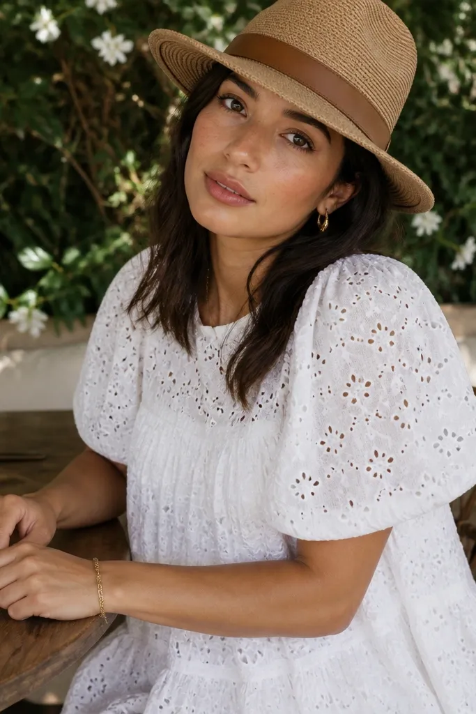 White eyelet babydoll dress with a tan fedora and flat sandals