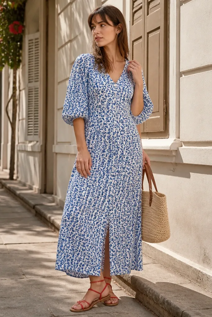 Blue and white block-print dress with red sandals and a straw tote