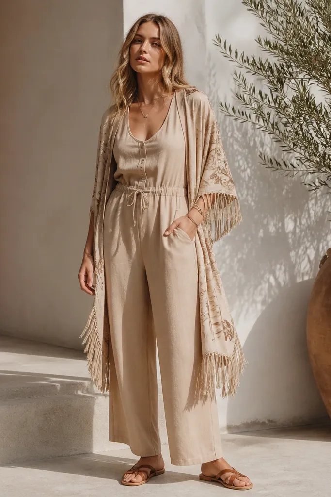 Beige jumpsuit with a fringe kimono and brown sandals