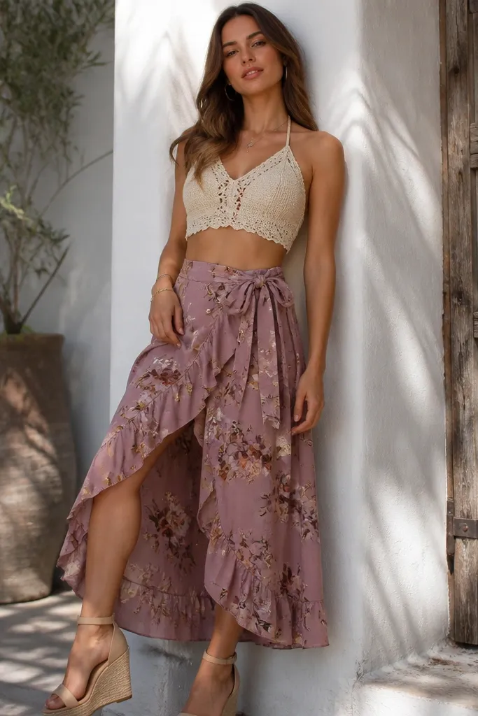 Mauve floral wrap skirt with a cream crochet crop top and wedges