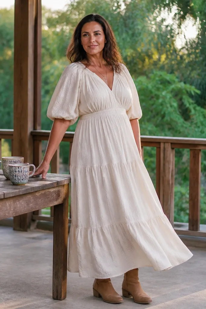 Ivory peasant dress with puff sleeves and tan ankle boots
