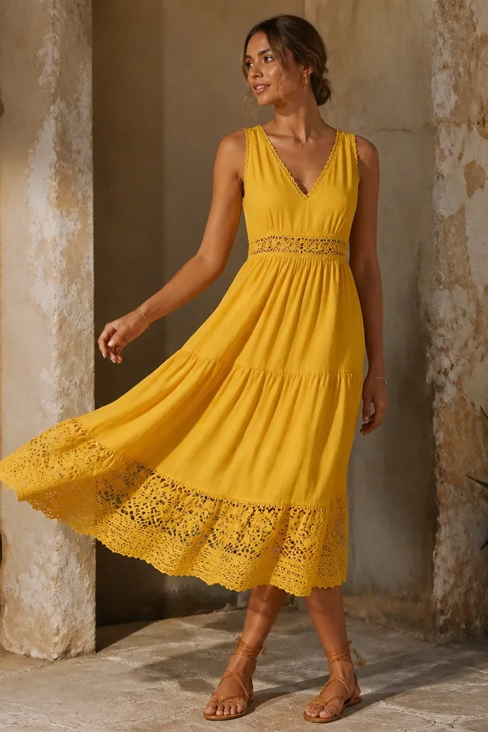 Sunflower yellow midi dress with crochet trim and tan sandals