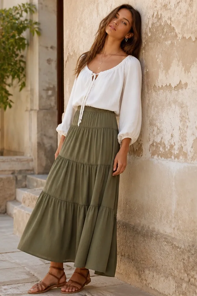 Olive tiered skirt with a white peasant blouse and brown sandals