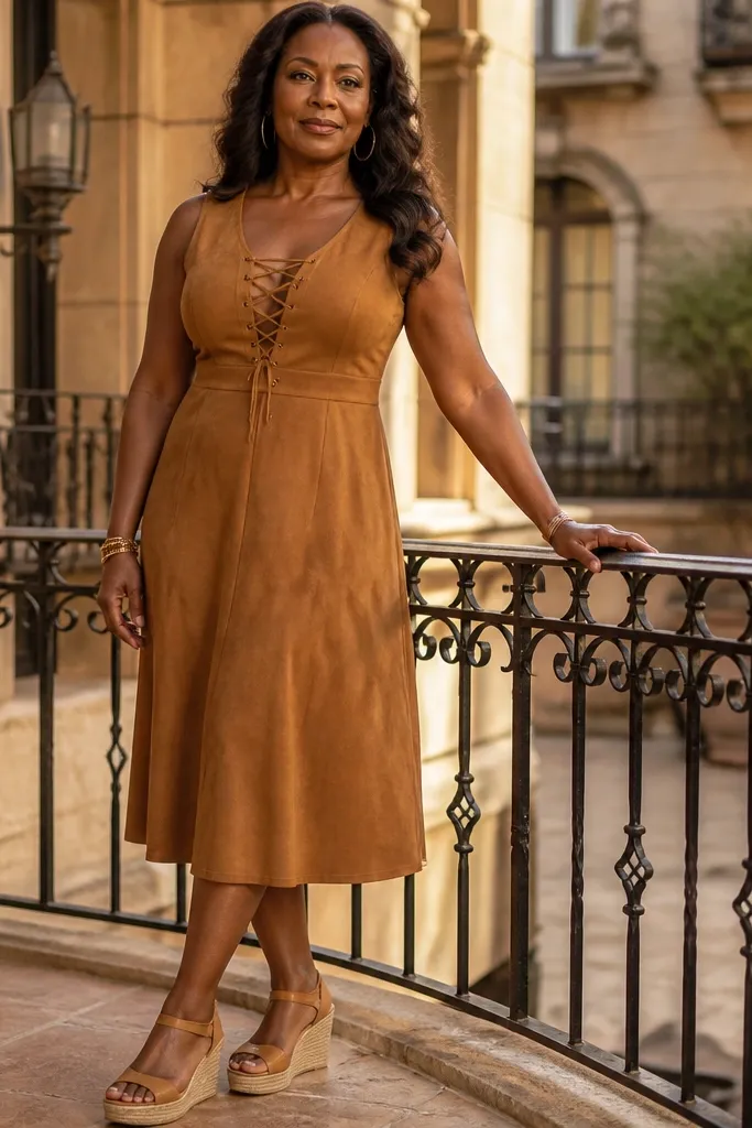 Caramel midi dress with a lace-up bodice and tan wedges