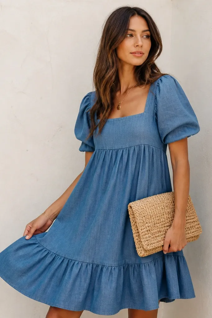 Blue chambray dress with a ruffle hem and straw clutch