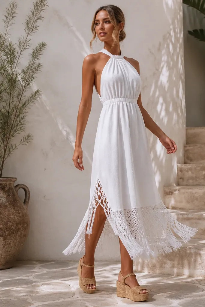 White linen halter midi with macramé fringe and tan wicker wedges