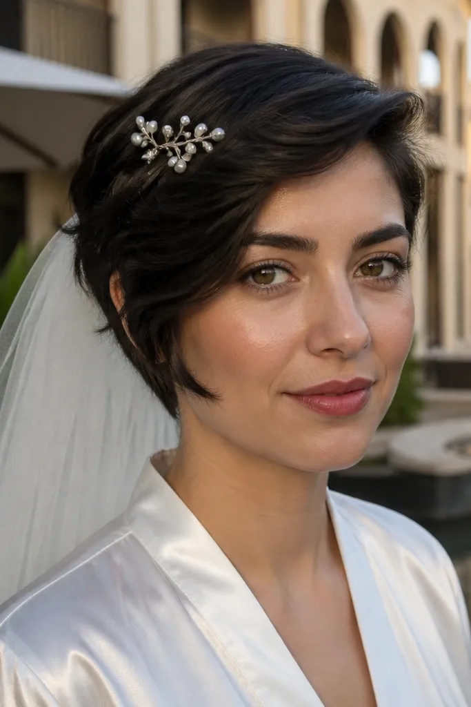 Short pixie hair swept to one side with a pearl pin cluster