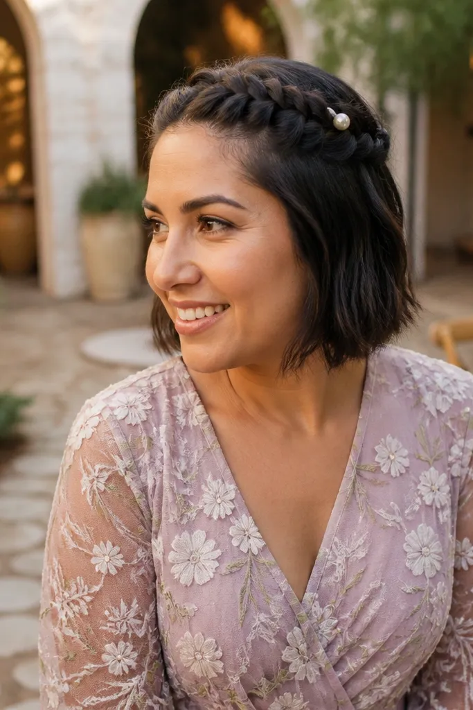 Short bob with a crown braid across the top and half-up finish