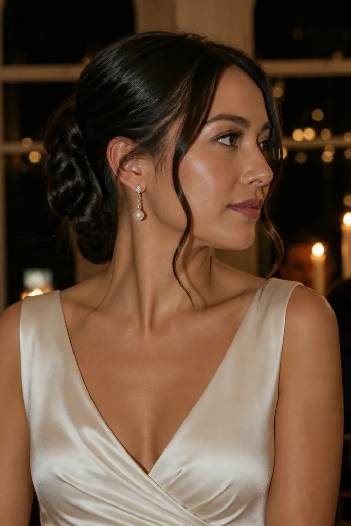 Short hair in a low twisted bun with two face-framing tendrils