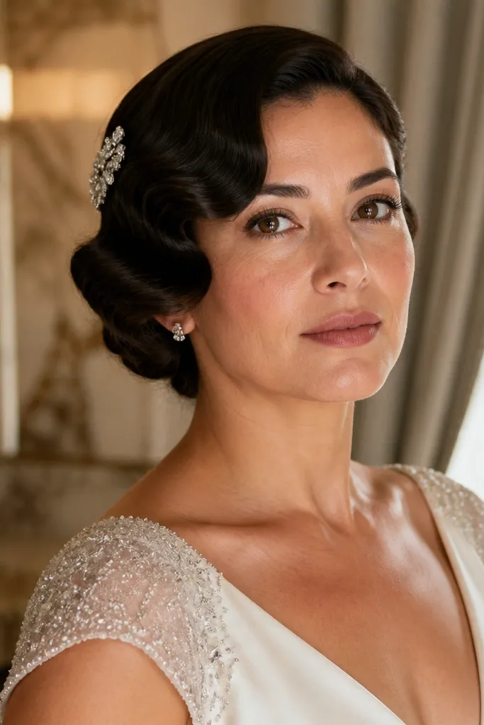 Short bob with vintage finger waves and a side hair comb