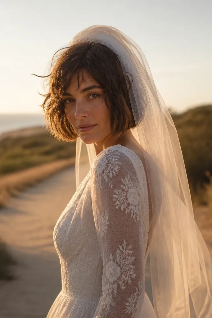 Textured bob with a veil placed high at the crown