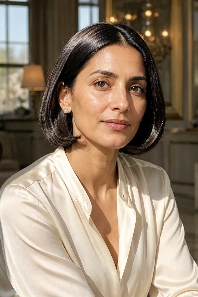 Sleek short bob with a glossy center part and tucked ends