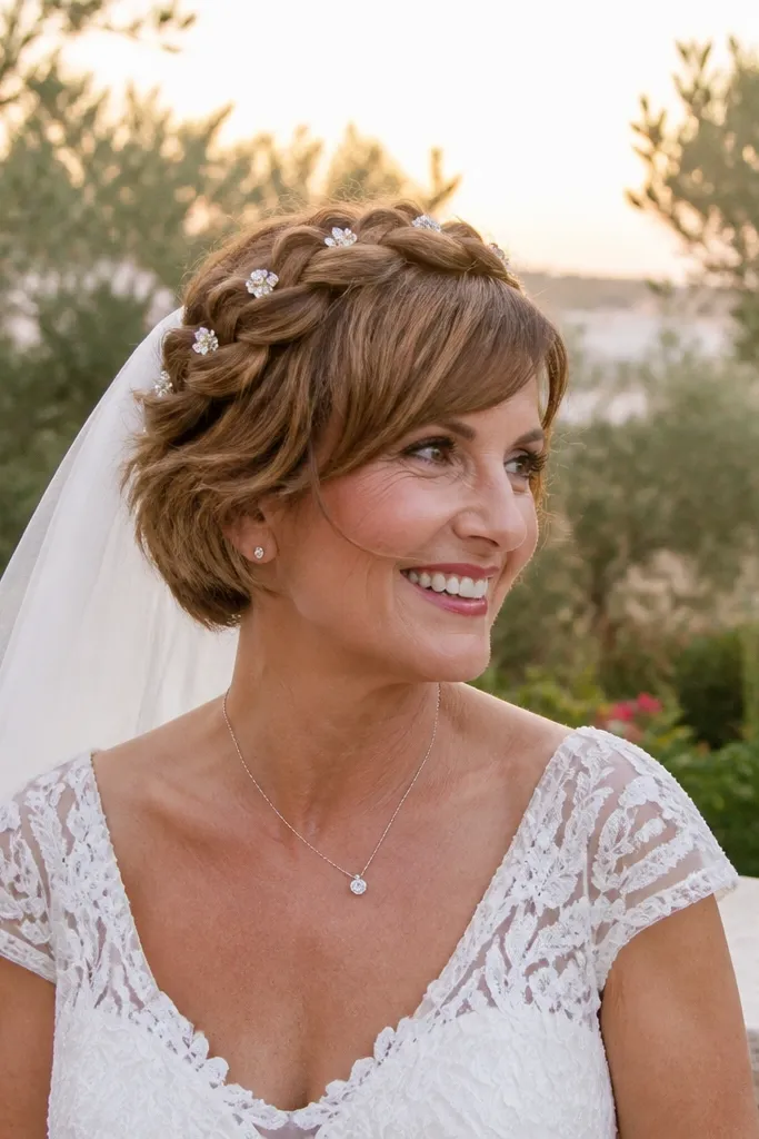Short layered hair with a braided halo and tiny rhinestone pins