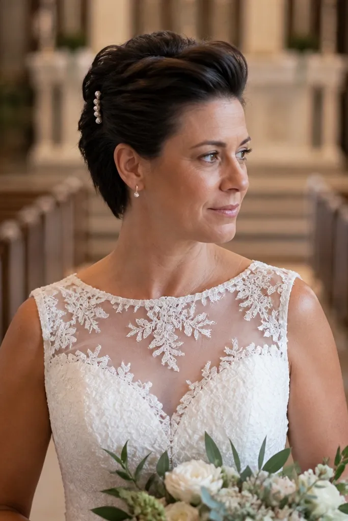 Short hair twisted into a side roll with a minimal pearl barrette