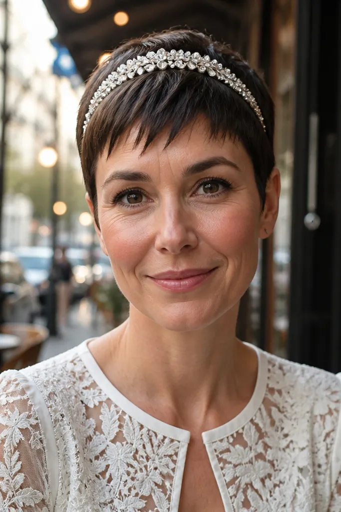 Pixie with a sparkly headband placed at the hairline