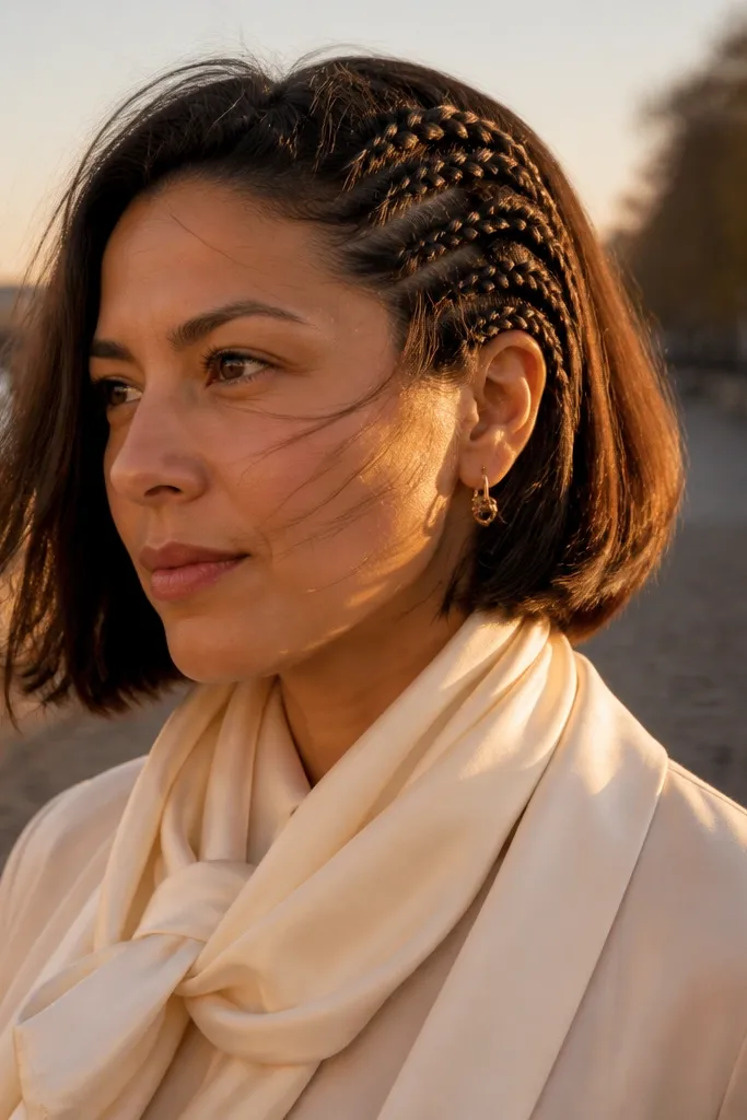Short bob with a waterfall micro-braid along one side